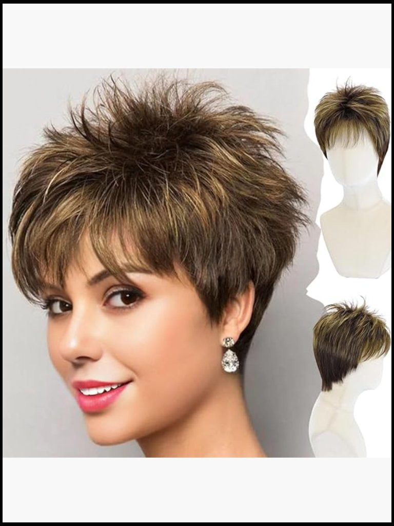 Short Pixie Wig For Women Synthetic Curly Wig With Bangs, Glueless,
